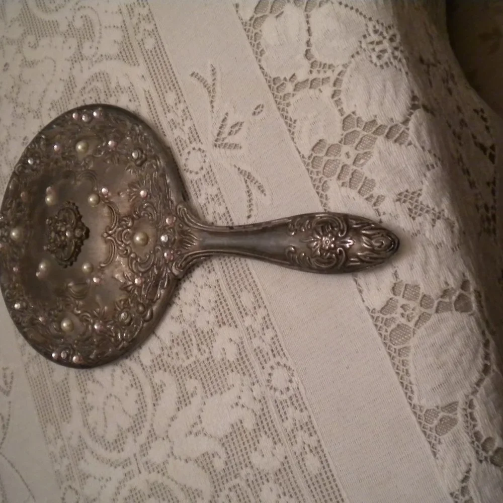 VTG Antique Silver Plated Ornate Vanity Set Mirror, Brush